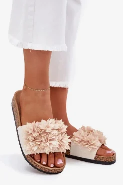 Hot Boto Klapki Damskie Na Korkowej Podeszwie Z Ozdobnymi Kwiatkami Beżowe Seleneza