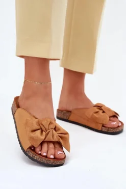 New Boto Klapki Damskie Na Korkowej Podeszwie Kokardką Camel Seressa Brązowy