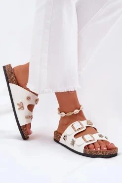 Online Klapki Damskie Na Korkowej Podeszwie Z Klamrami I Przypinkami Białe Efadelis Damskie Klapki Korkowe|Klapki Na Platformie