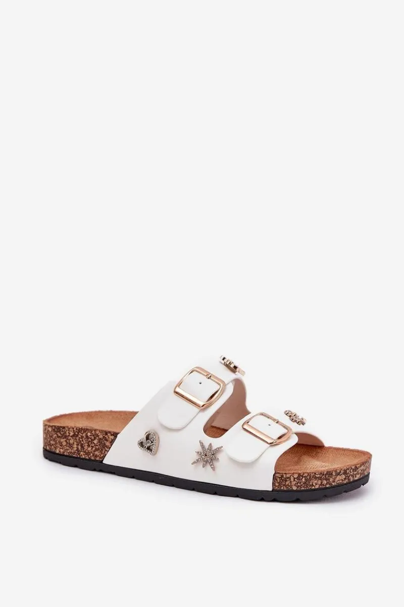 Online Klapki Damskie Na Korkowej Podeszwie Z Klamrami I Przypinkami Białe Efadelis Damskie Klapki Korkowe|Klapki Na Platformie