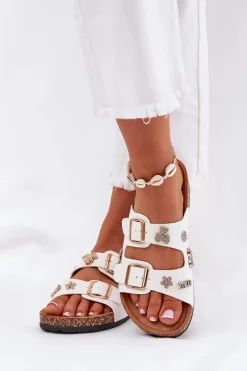 Online Klapki Damskie Na Korkowej Podeszwie Z Klamrami I Przypinkami Białe Efadelis Damskie Klapki Korkowe|Klapki Na Platformie