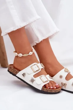 Online Klapki Damskie Na Korkowej Podeszwie Z Klamrami I Przypinkami Białe Efadelis Damskie Klapki Korkowe|Klapki Na Platformie