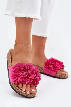 Hot Boto Klapki Damskie Na Korkowej Podeszwie Z Kwiatkami Fuksja Ferenza Różowy