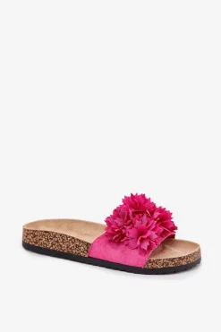 Hot Boto Klapki Damskie Na Korkowej Podeszwie Z Kwiatkami Fuksja Ferenza Różowy