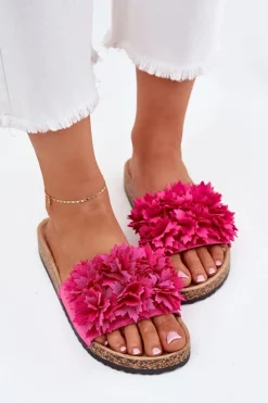 Hot Boto Klapki Damskie Na Korkowej Podeszwie Z Kwiatkami Fuksja Ferenza Różowy