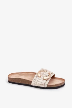 Boto Klapki Damskie Na Korkowej Platformie Ze Złotą Klamrą Beżowe Nilaviena