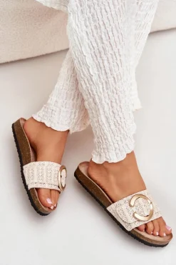 Boto Klapki Damskie Na Korkowej Platformie Ze Złotą Klamrą Beżowe Nilaviena