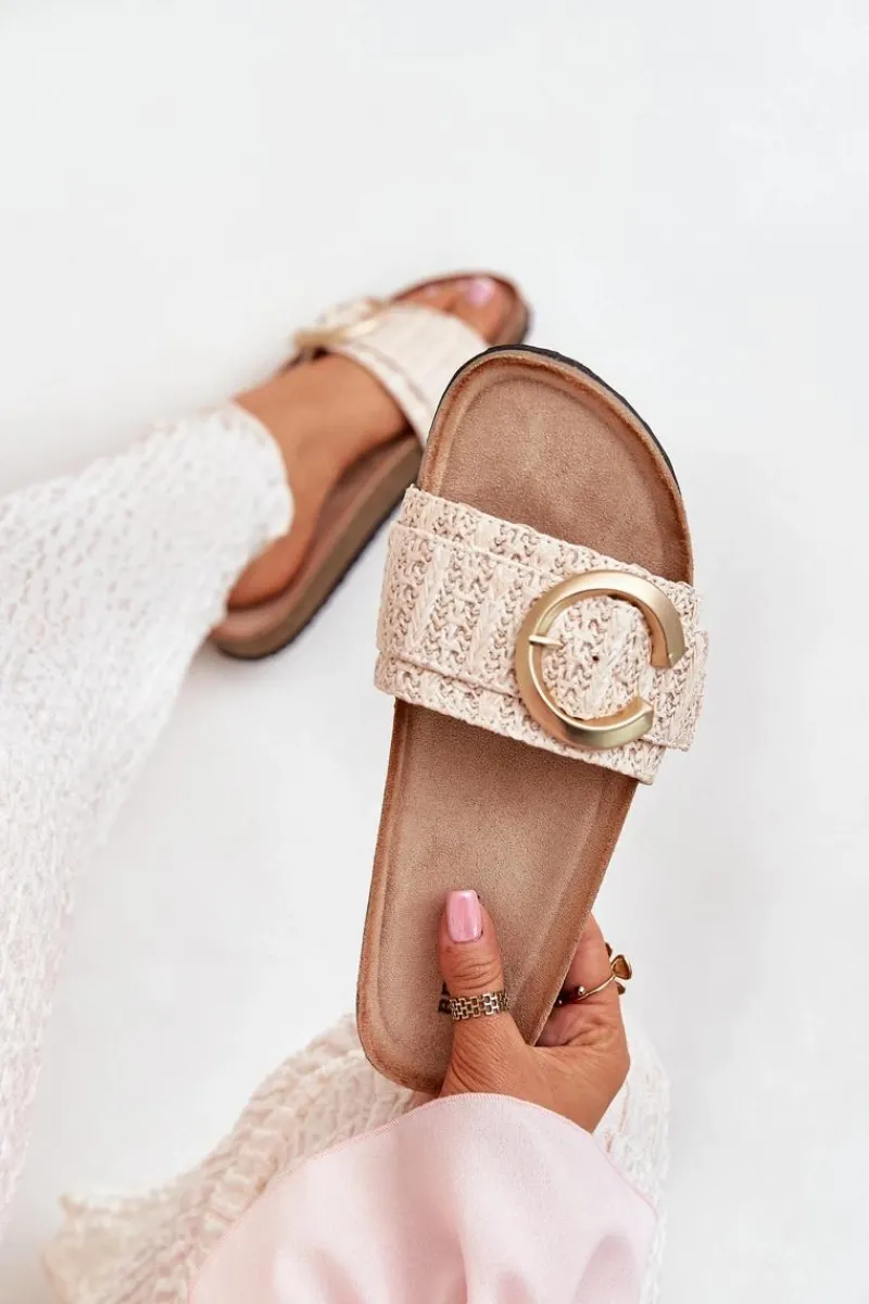 Boto Klapki Damskie Na Korkowej Platformie Ze Złotą Klamrą Beżowe Nilaviena