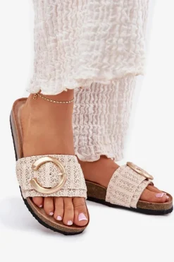 Boto Klapki Damskie Na Korkowej Platformie Ze Złotą Klamrą Beżowe Nilaviena