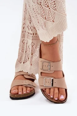 Hot Boto Klapki Damskie Na Korkowej Platformie Klamry Beżowe Evisolla