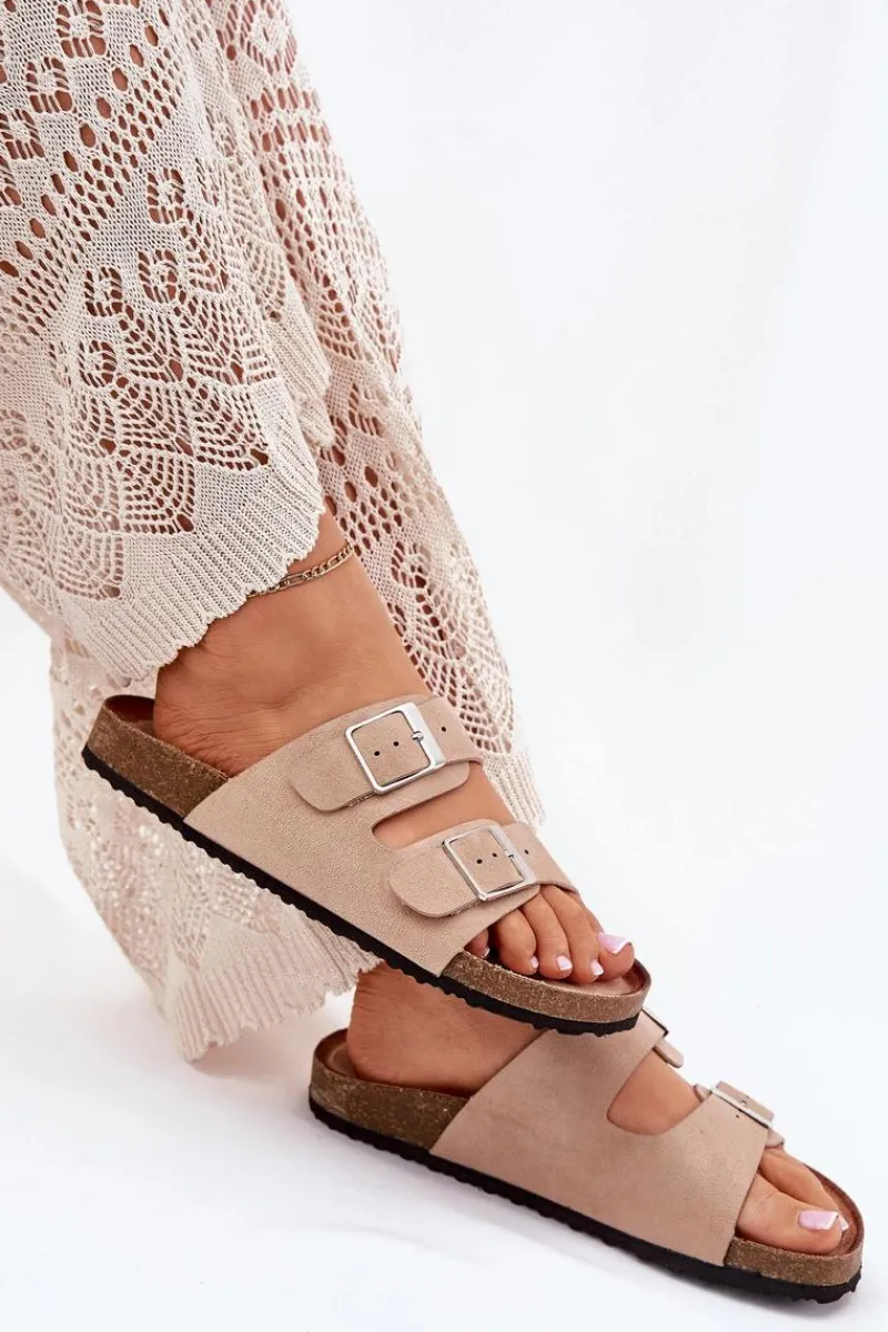 Hot Boto Klapki Damskie Na Korkowej Platformie Klamry Beżowe Evisolla