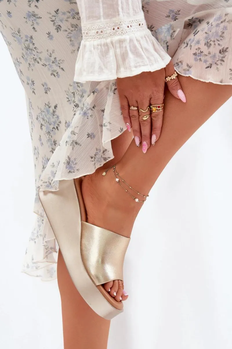 Discount Boto Klapki Damskie Na Koturnie Eko Skórzane Złote Obenae