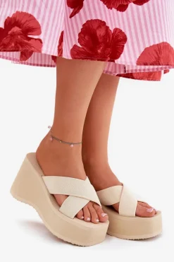 Clearance Boto Klapki Damskie Na Koturnie I Platformie Beżowe Sevolee Beżowy