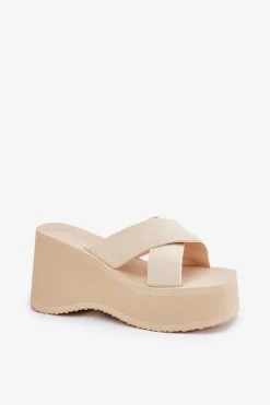 Clearance Boto Klapki Damskie Na Koturnie I Platformie Beżowe Sevolee Beżowy