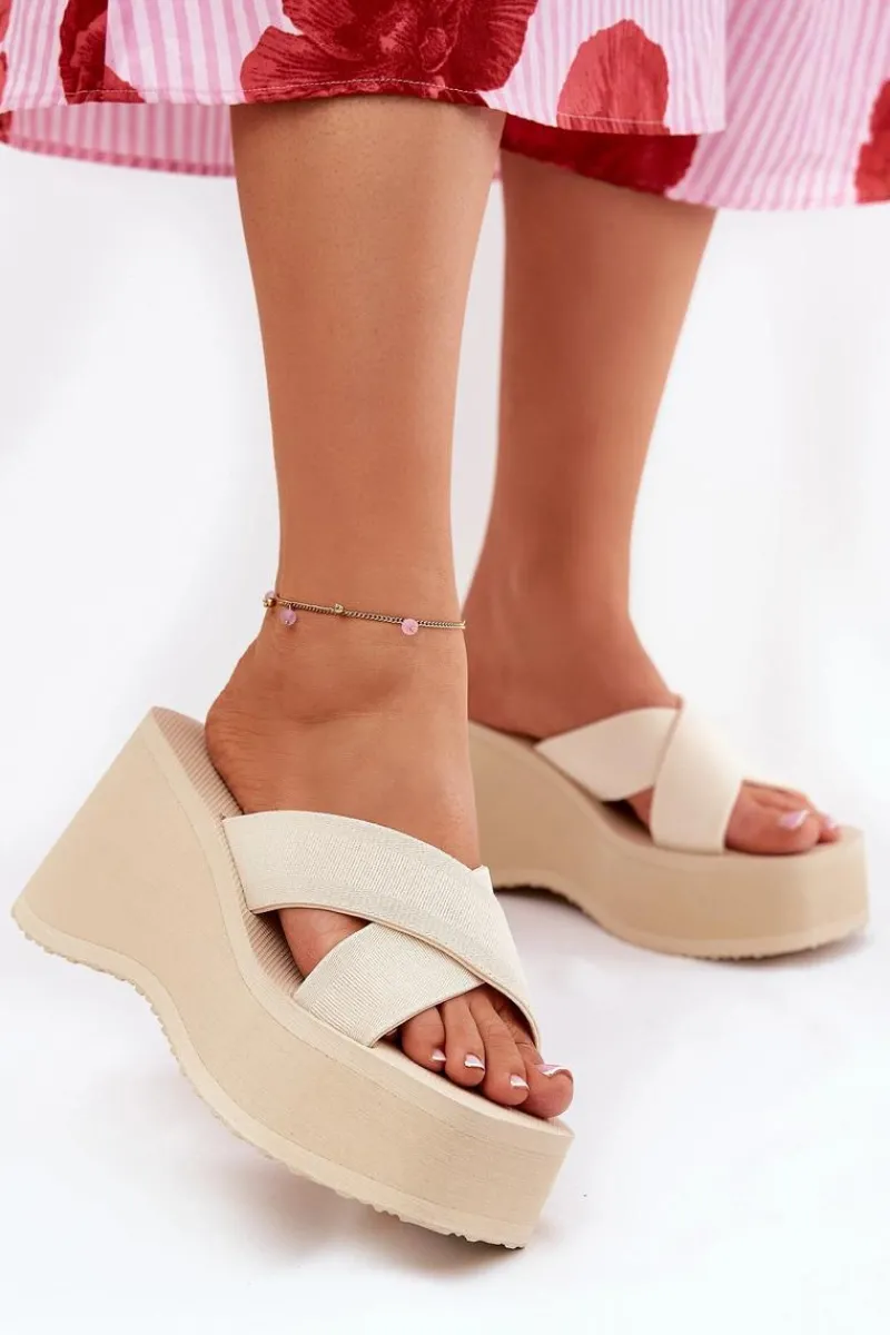 Clearance Boto Klapki Damskie Na Koturnie I Platformie Beżowe Sevolee Beżowy