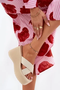 Clearance Boto Klapki Damskie Na Koturnie I Platformie Beżowe Sevolee Beżowy