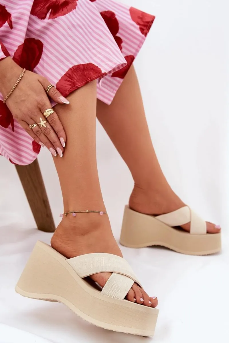 Clearance Boto Klapki Damskie Na Koturnie I Platformie Beżowe Sevolee Beżowy