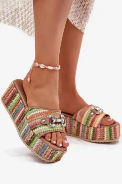 Discount Klapki Damskie Na Koturnie Z Plecionką I Ozdobą Multikolor Isolene Damskie Klapki Na Koturnie|Klapki Na Platformie