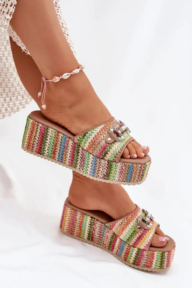 Discount Klapki Damskie Na Koturnie Z Plecionką I Ozdobą Multikolor Isolene Damskie Klapki Na Koturnie|Klapki Na Platformie