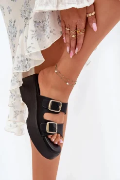 Outlet Klapki Damskie Na Koturnie I Platformie Z Klamrami Czarne Nitarelia Damskie Klapki Na Koturnie|Klapki Na Platformie