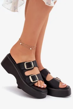 Outlet Klapki Damskie Na Koturnie I Platformie Z Klamrami Czarne Nitarelia Damskie Klapki Na Koturnie|Klapki Na Platformie