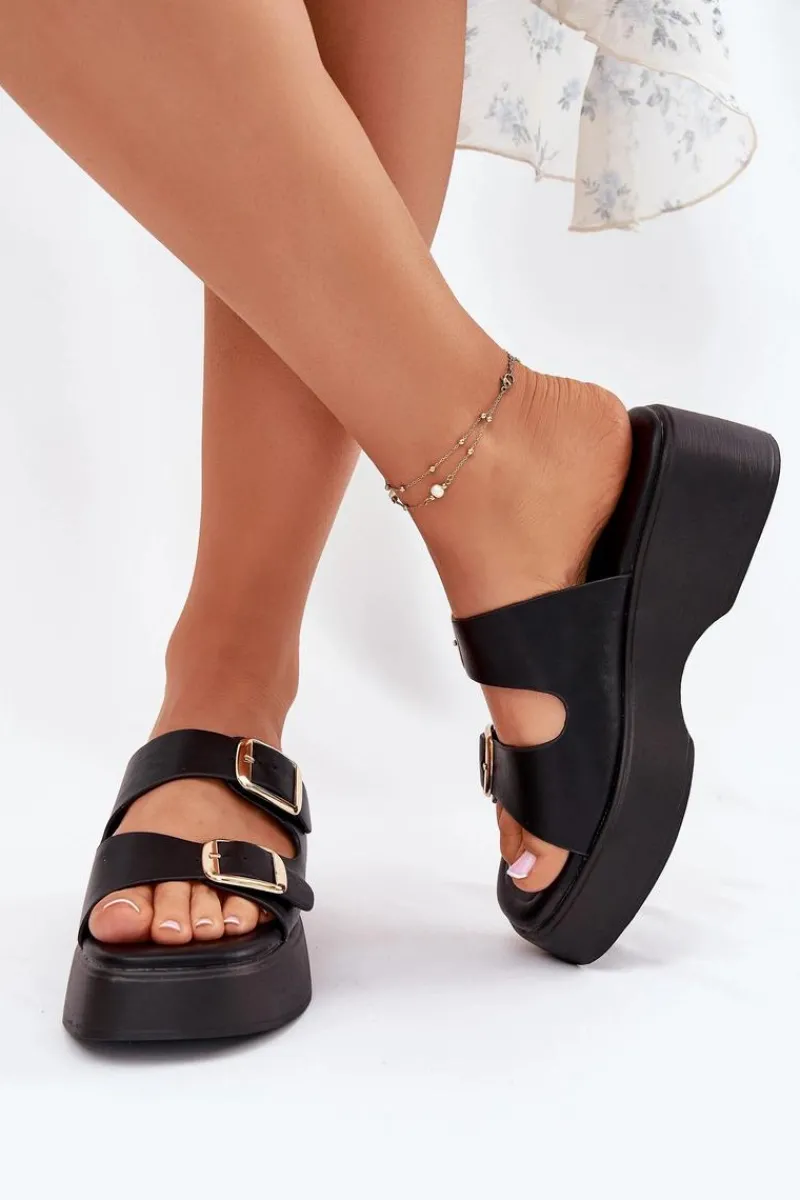 Outlet Klapki Damskie Na Koturnie I Platformie Z Klamrami Czarne Nitarelia Damskie Klapki Na Koturnie|Klapki Na Platformie