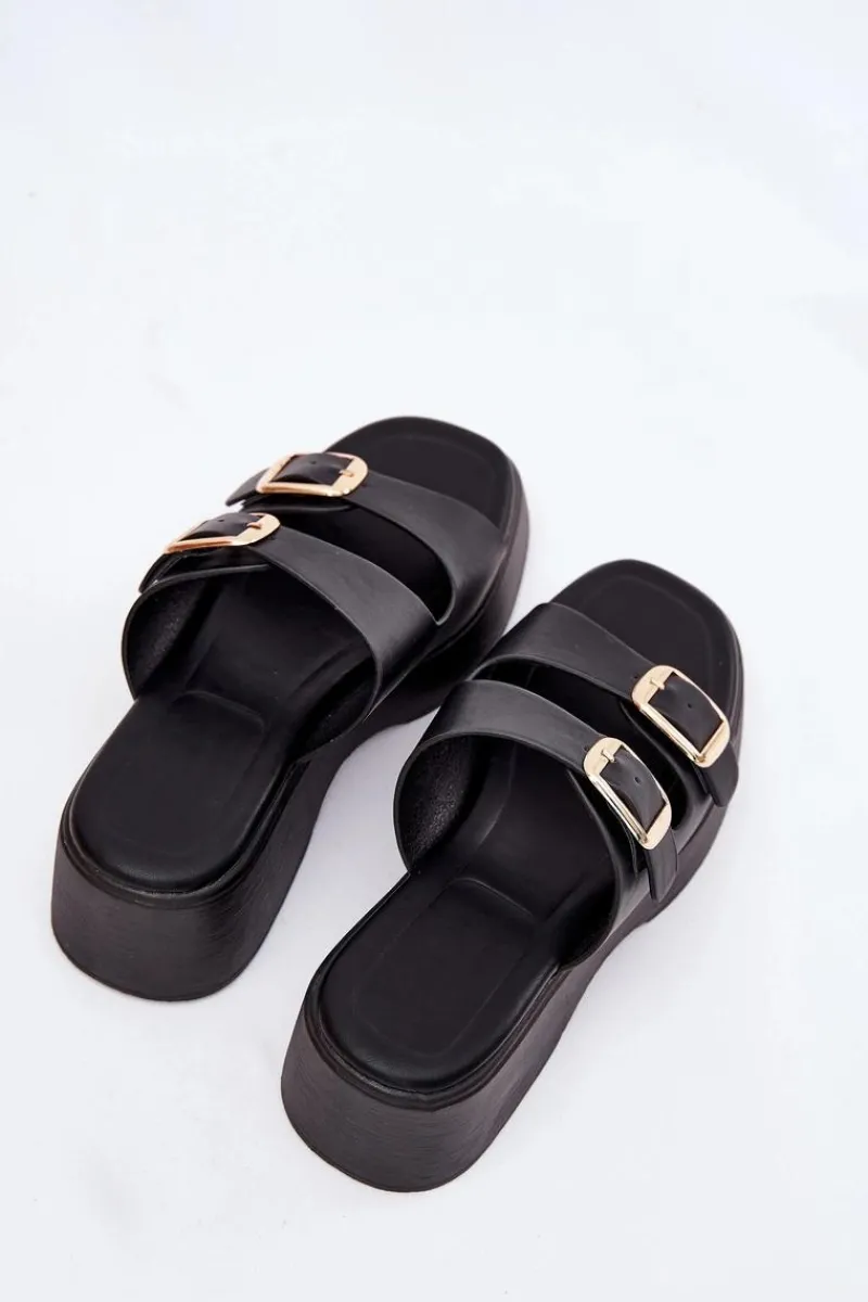 Outlet Klapki Damskie Na Koturnie I Platformie Z Klamrami Czarne Nitarelia Damskie Klapki Na Koturnie|Klapki Na Platformie