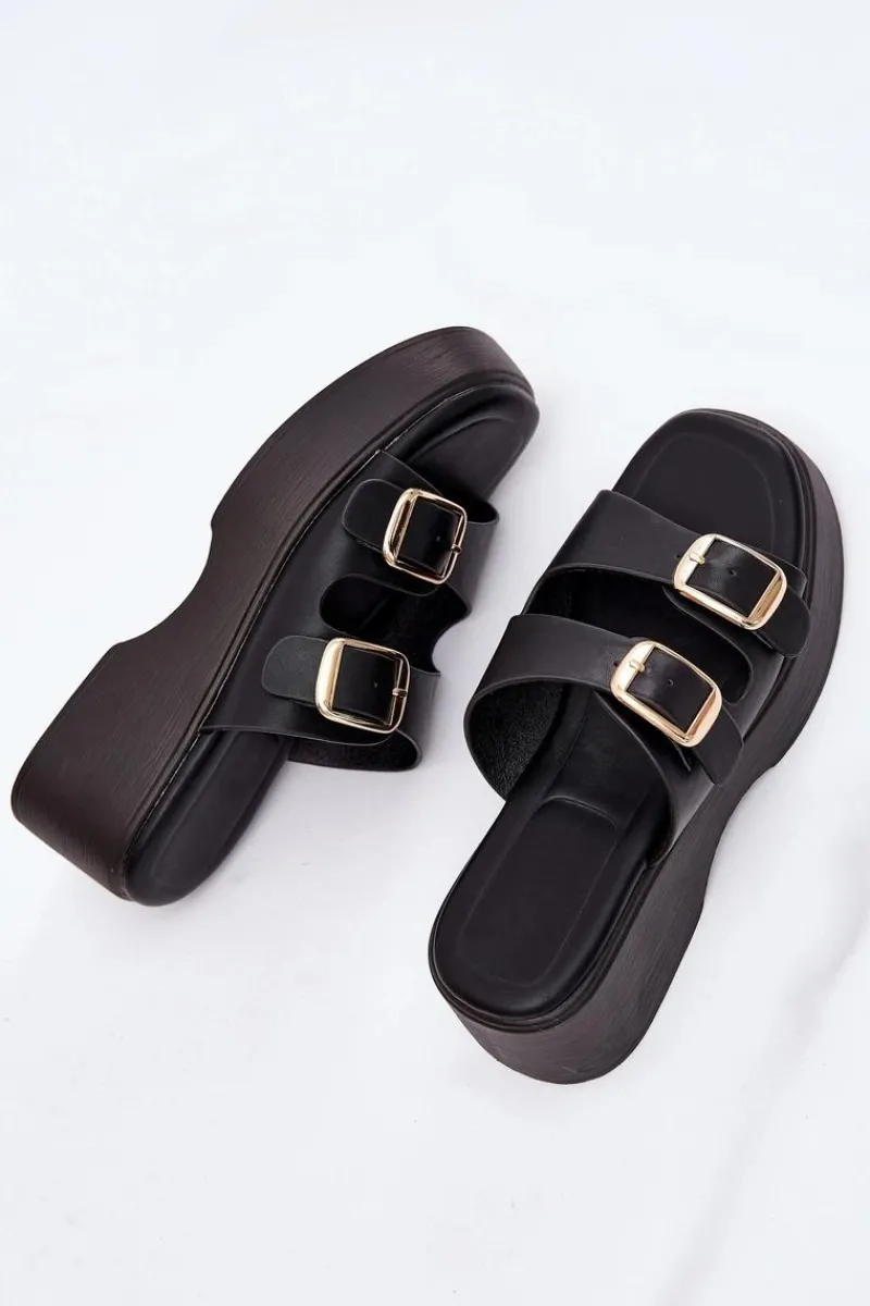 Outlet Klapki Damskie Na Koturnie I Platformie Z Klamrami Czarne Nitarelia Damskie Klapki Na Koturnie|Klapki Na Platformie