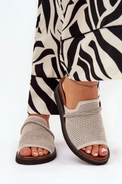 Sale Boto Klapki Damskie Na Koturnie Z Ozdobnym Paseczkiem Beżowe Teriwes Beżowy