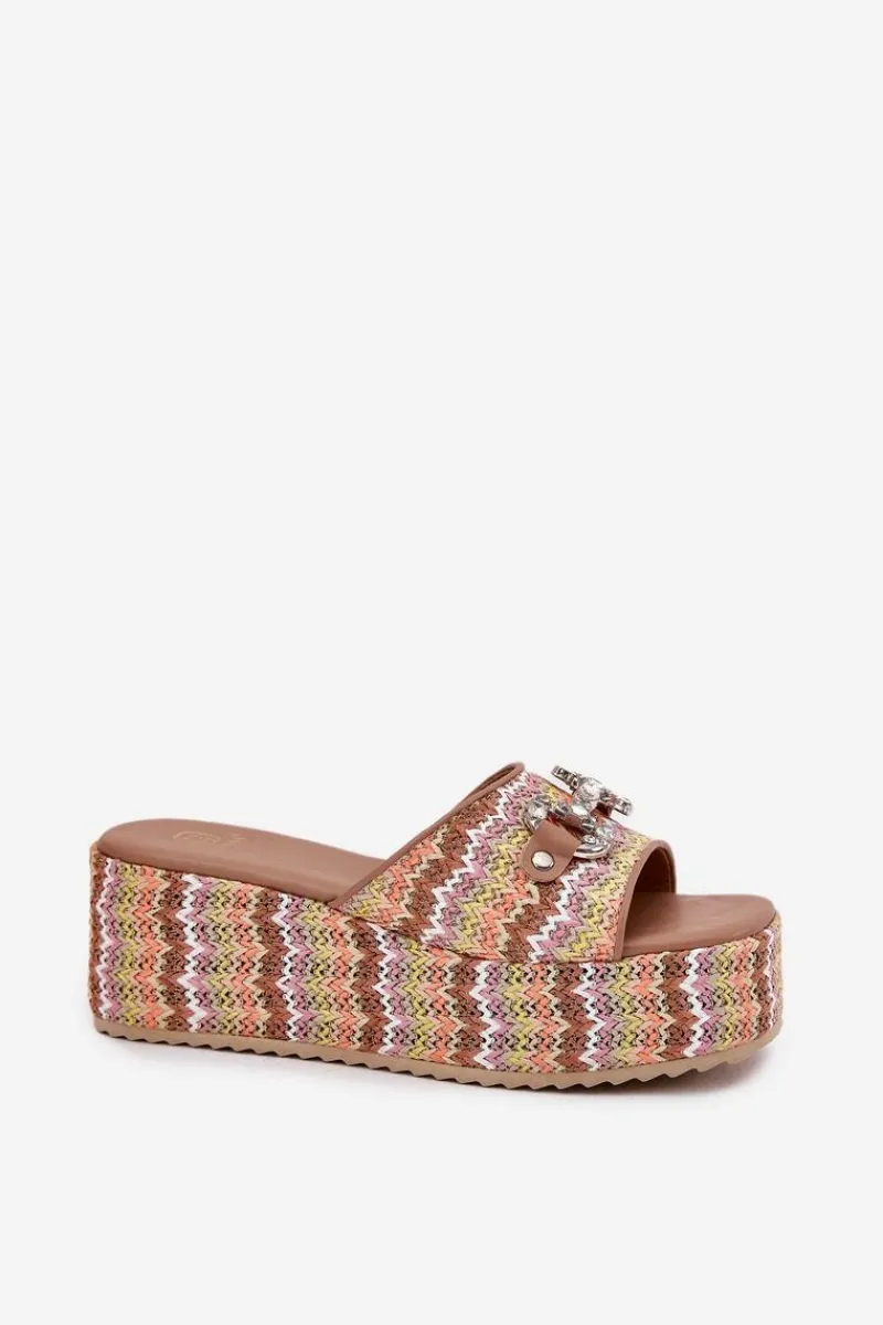 Discount Boto Klapki Damskie Na Koturnie Z Plecionką I Ozdobą Multikolor Isolene Wielokolorowy