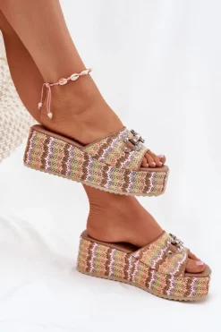 Discount Boto Klapki Damskie Na Koturnie Z Plecionką I Ozdobą Multikolor Isolene Wielokolorowy