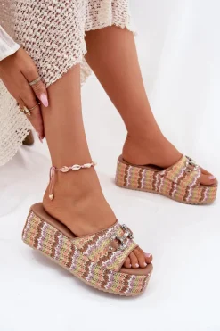 Discount Boto Klapki Damskie Na Koturnie Z Plecionką I Ozdobą Multikolor Isolene Wielokolorowy