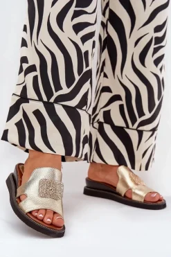 Clearance Klapki Damskie Na Koturnie Eko Skórzane Z Ozdobą Złote Sarela Damskie Klapki Na Koturnie|Klapki Na Platformie