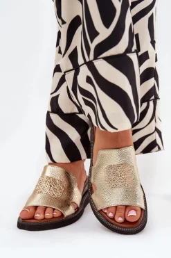 Clearance Klapki Damskie Na Koturnie Eko Skórzane Z Ozdobą Złote Sarela Damskie Klapki Na Koturnie|Klapki Na Platformie