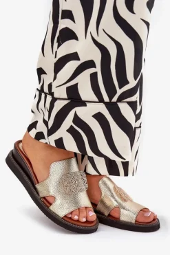 Clearance Klapki Damskie Na Koturnie Eko Skórzane Z Ozdobą Złote Sarela Damskie Klapki Na Koturnie|Klapki Na Platformie