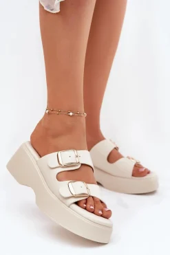 Klapki Na Koturnie|Klapki Na Platformie>Boto Klapki Damskie Na Koturnie I Platformie Z Klamrami Jasnobeżowe Nitarelia Beżowy
