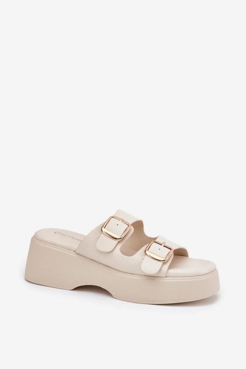 Klapki Na Koturnie|Klapki Na Platformie>Boto Klapki Damskie Na Koturnie I Platformie Z Klamrami Jasnobeżowe Nitarelia Beżowy