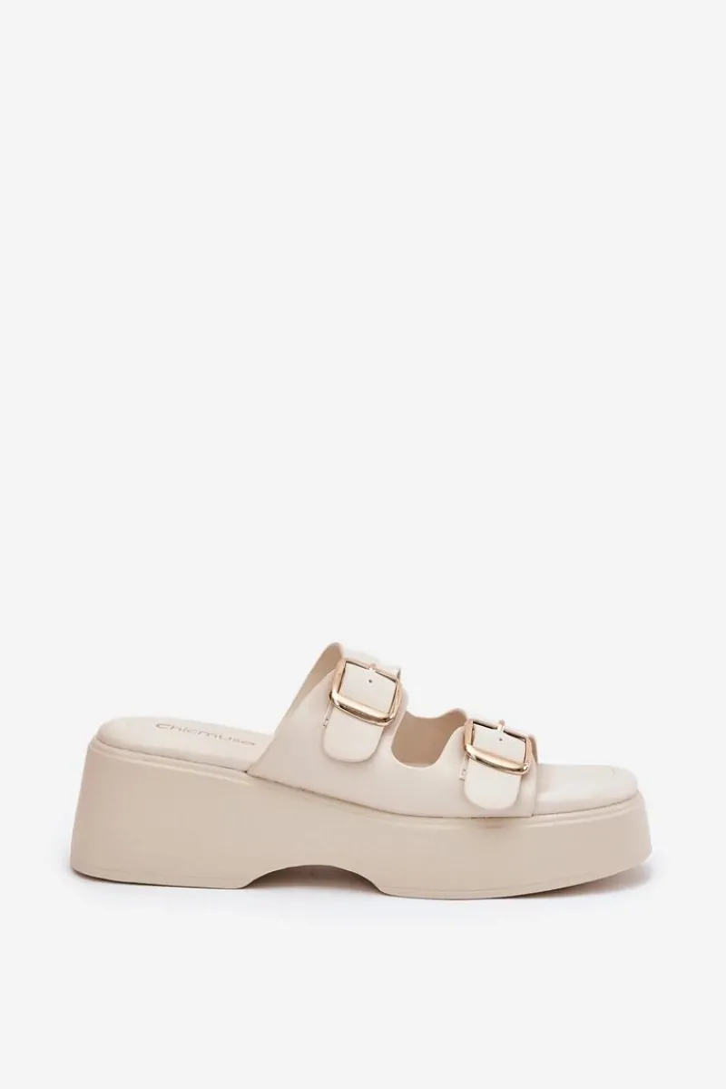 Klapki Na Koturnie|Klapki Na Platformie>Boto Klapki Damskie Na Koturnie I Platformie Z Klamrami Jasnobeżowe Nitarelia Beżowy