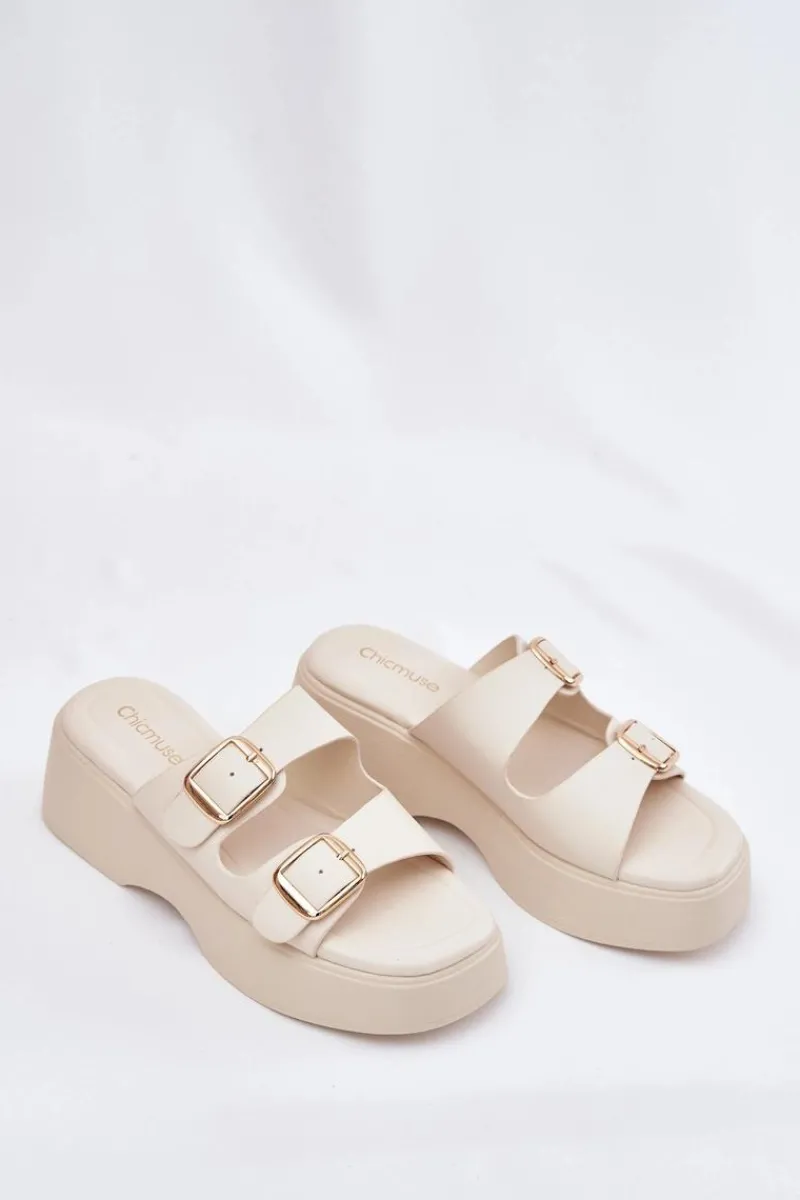 Klapki Na Koturnie|Klapki Na Platformie>Boto Klapki Damskie Na Koturnie I Platformie Z Klamrami Jasnobeżowe Nitarelia Beżowy