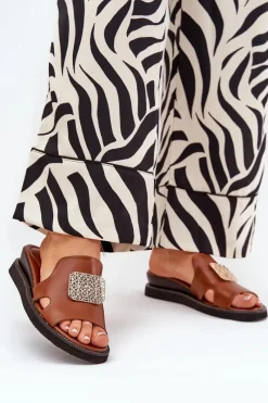 Best Boto Klapki Damskie Na Koturnie Eko Skórzane Z Ozdobą Brązowe Sarela Brązowy