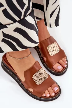 Best Boto Klapki Damskie Na Koturnie Eko Skórzane Z Ozdobą Brązowe Sarela Brązowy