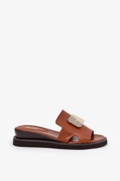 Best Boto Klapki Damskie Na Koturnie Eko Skórzane Z Ozdobą Brązowe Sarela Brązowy