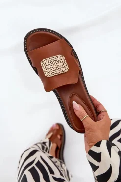 Best Boto Klapki Damskie Na Koturnie Eko Skórzane Z Ozdobą Brązowe Sarela Brązowy