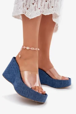 Outlet Klapki Damskie Na Koturnie Z Transparentnym Paskiem Jeansowe Zolretia Damskie Klapki Na Koturnie|Klapki Na Platformie