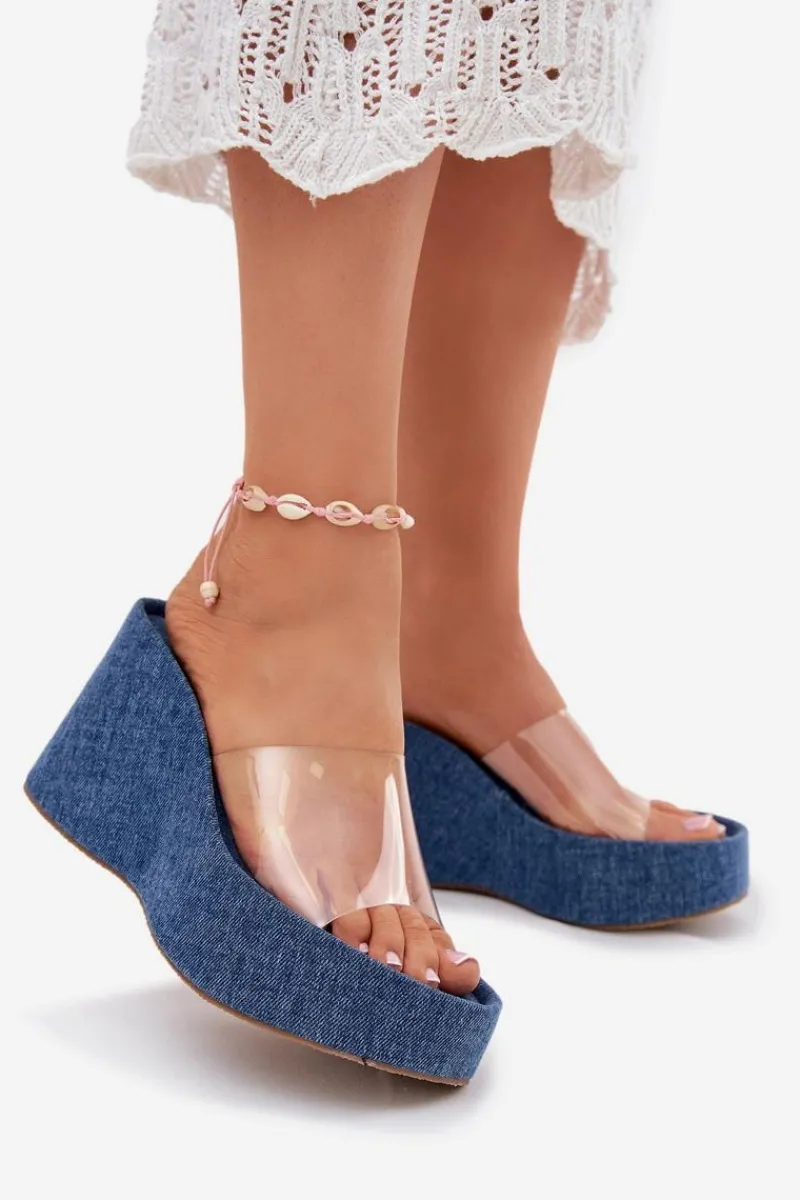 Outlet Klapki Damskie Na Koturnie Z Transparentnym Paskiem Jeansowe Zolretia Damskie Klapki Na Koturnie|Klapki Na Platformie