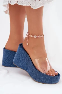 Outlet Klapki Damskie Na Koturnie Z Transparentnym Paskiem Jeansowe Zolretia Damskie Klapki Na Koturnie|Klapki Na Platformie