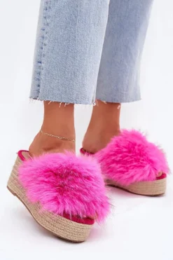 Klapki Na Koturnie|Klapki Z Futerkiem>Boto Klapki Damskie Na Koturnie Z Futerkiem I Plecionką Fuksja Virela