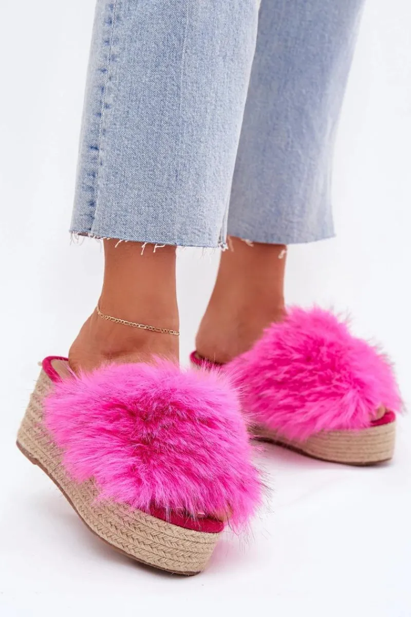 Klapki Na Koturnie|Klapki Z Futerkiem>Boto Klapki Damskie Na Koturnie Z Futerkiem I Plecionką Fuksja Virela