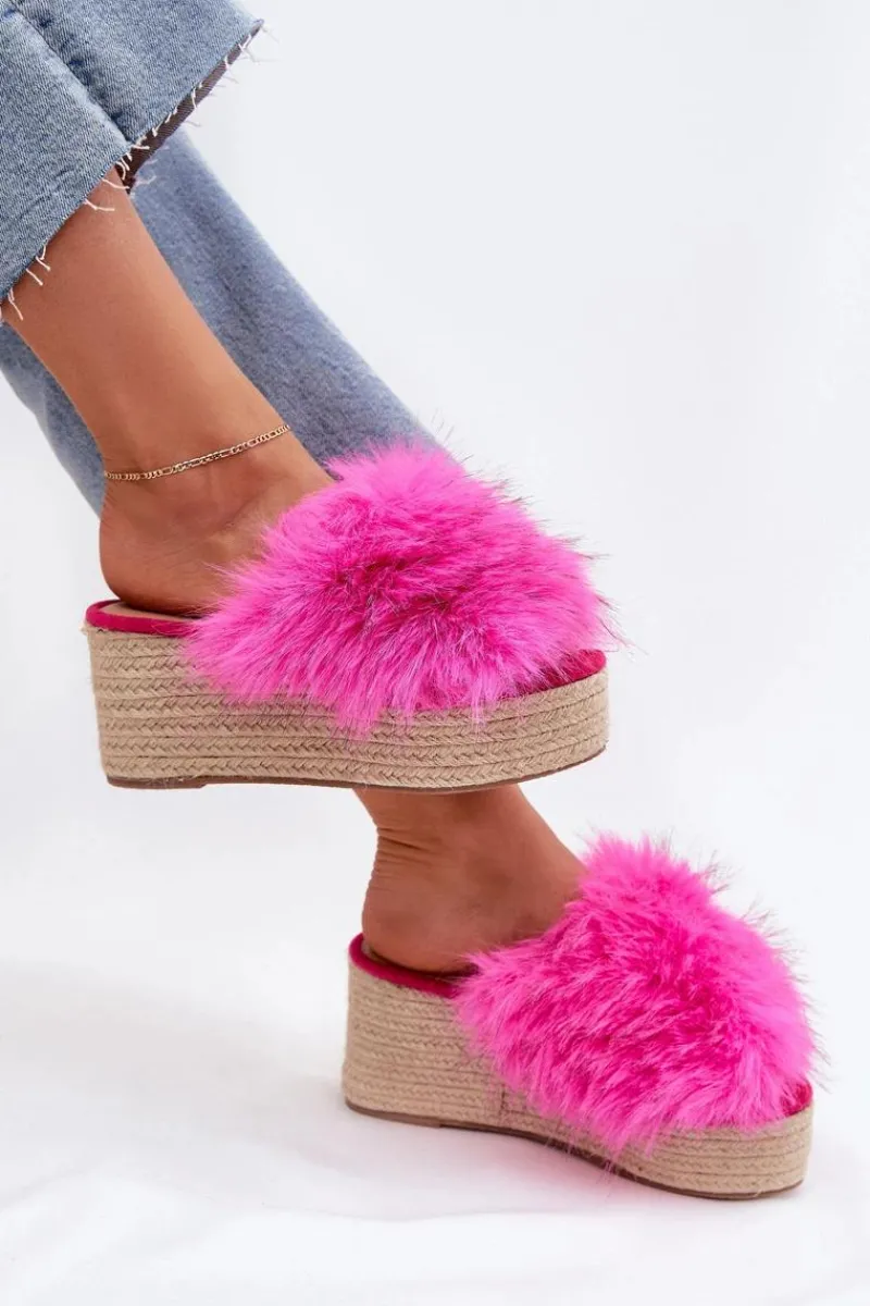Klapki Na Koturnie|Klapki Z Futerkiem>Boto Klapki Damskie Na Koturnie Z Futerkiem I Plecionką Fuksja Virela