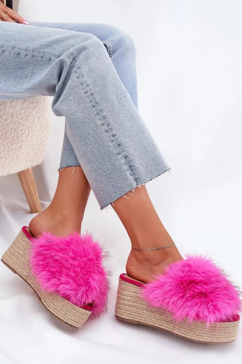 Klapki Na Koturnie|Klapki Z Futerkiem>Boto Klapki Damskie Na Koturnie Z Futerkiem I Plecionką Fuksja Virela